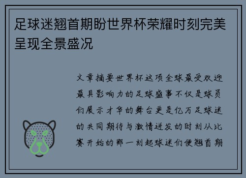 足球迷翘首期盼世界杯荣耀时刻完美呈现全景盛况